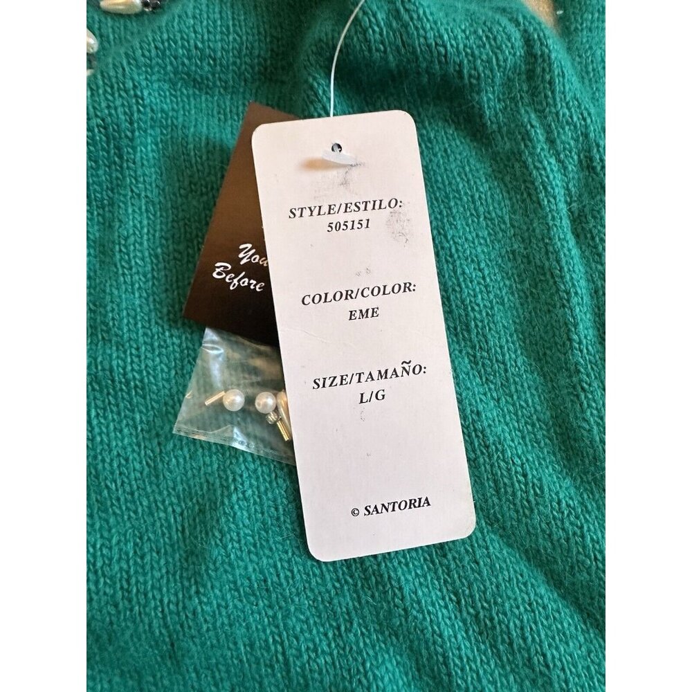 NEW Vtg Santoria Green Beaded Pearls Angora Beaded Sweater Sz Large SOFT - Picture 7 of 9